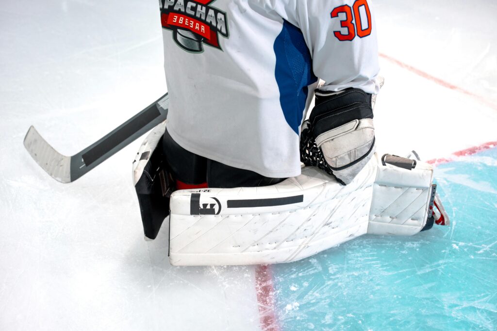 Ice hockey goalie kneeling on rink in full gear, focusing on gameplay.